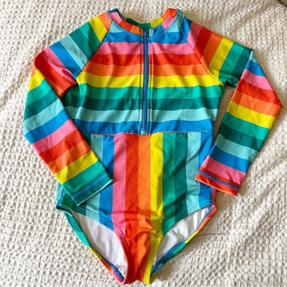 Hanna Andersson Multicolor Striped Kids Rashguard One Piece Sun Protection Zip - Picture 1 of 9